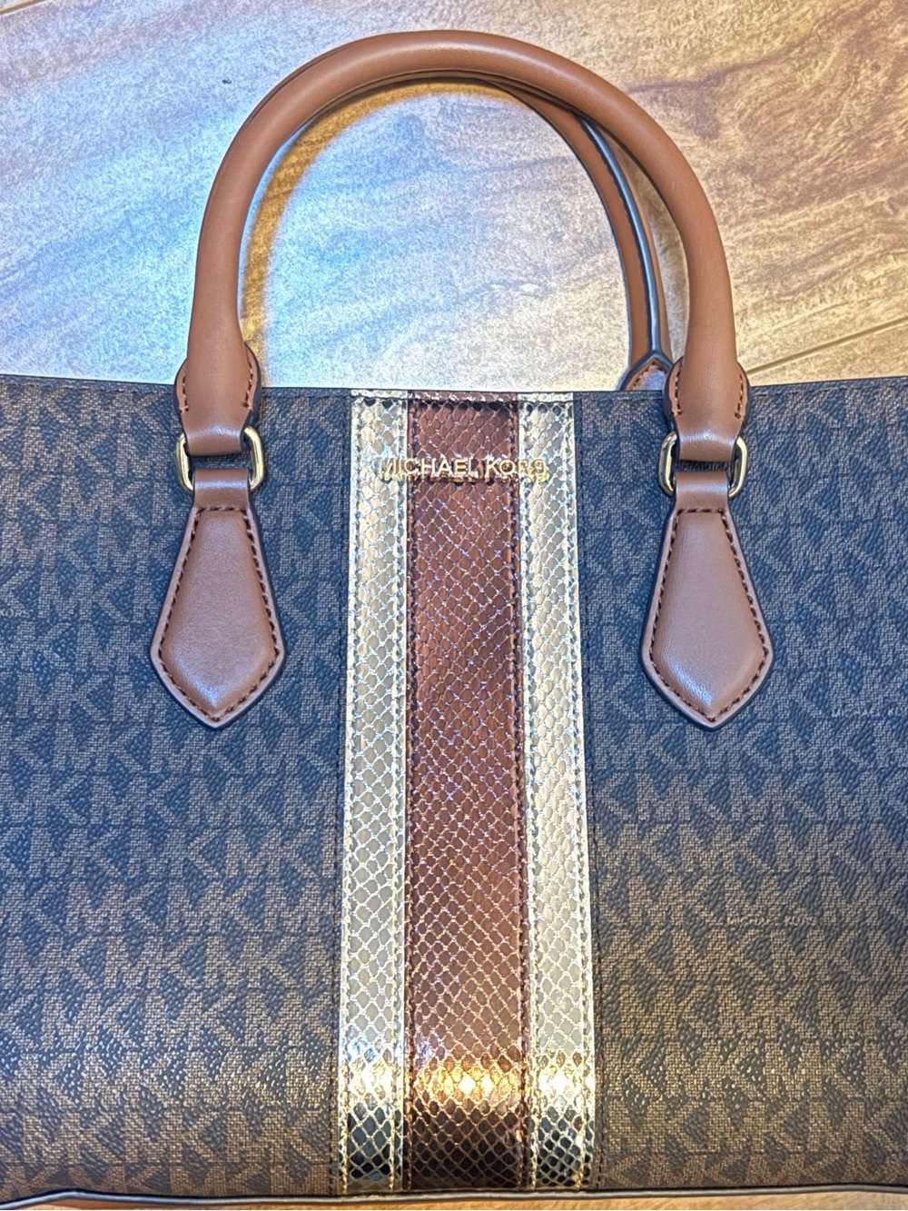 Michael Kors Signature Logo Satchel Brown Leather Stripe Satchel Purse